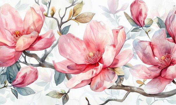 Seamless pattern Magnolia flowers watercolor, Generative AI