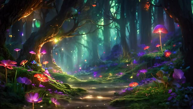 Breathtaking Forest Abloom With Vibrant Purple Flowers, An enchanting forest scene populated with mystical creatures and filled with glowing flora, AI Generated