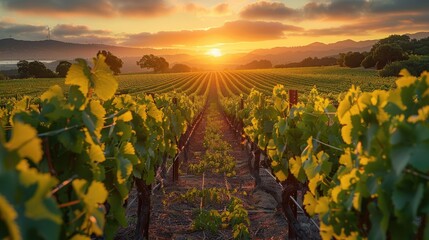 Sunrise over the Vineyard, the tranquil beauty of a vineyard at sunrise. Generative AI.