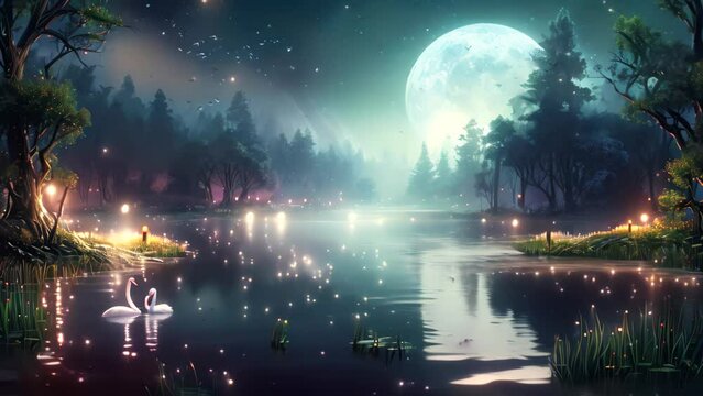 Two swans peacefully glide on the calm surface of a lake, illuminated by the brilliant light of a full moon, An enchanting moonlit lake with swans and glowing fireflies, AI Generated