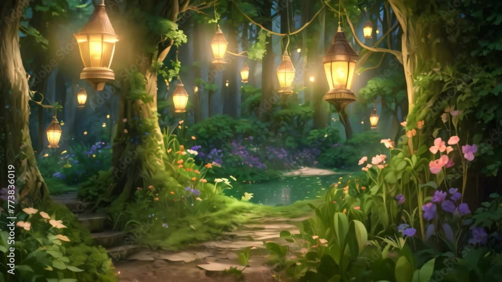 Poster an enchanting forest scene with lanterns hanging from the trees, creating a magical and mesmerizing 