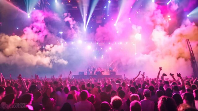A vibrant crowd of music enthusiasts raises their hands in exhilaration and delight at a lively concert, An energetic music festival with massive crowd and colorful lights, AI Generated