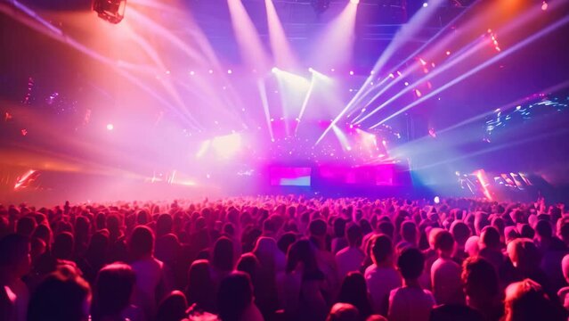 A vibrant crowd at a concert raises their hands in excitement as they enjoy the electrifying atmosphere, An energetic music festival with massive crowd and colorful lights, AI Generated