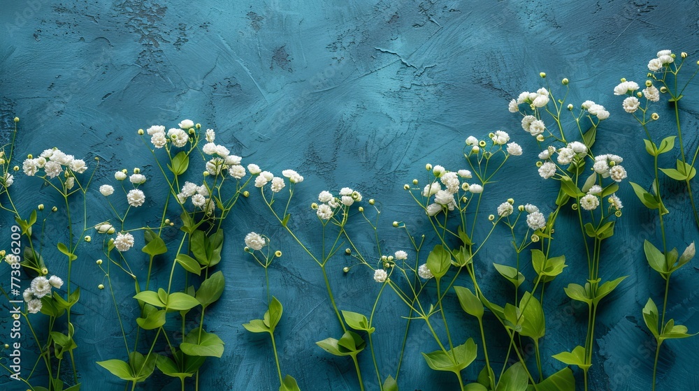 Poster a white and green flowers on a blue background, Generative AI