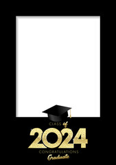 Graduation photo frame A4, Class of 2024. Black copy space background with class of 2024 number and square academic cap. Vector illustration