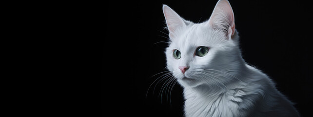 Profile portrait of a white shorthair cat on a black background.
