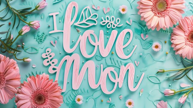 "i love mom" lettering with flower close up
