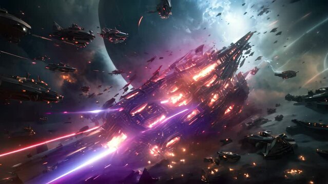 Futuristic space ship in deep space. 3D Rendering, An epic space battle scene involving numerous spaceships, AI Generated