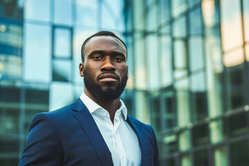 A serious and confident black businessman stands in front of a glass office building
