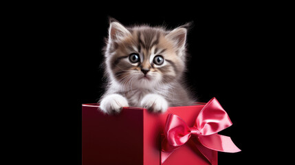 A small kitten sits on a red gift box with a bow on a black background.