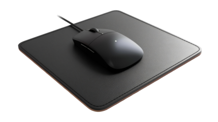 A computer mouse rests atop a mouse pad on a desk
