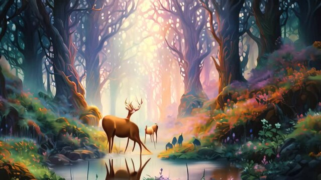 Fantasy landscape with fantasy forest and river. Digital painting illustration, An ethereal forest with colorful magical creatures in it, AI Generated