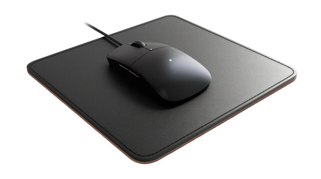 A computer mouse rests atop a mouse pad on a desk