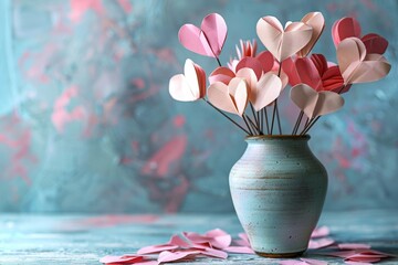 Valentine card with paper hearts in a vase, Generative AI