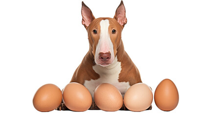 A charming brown and white dog stands amidst a collection of eggs in various sizes
