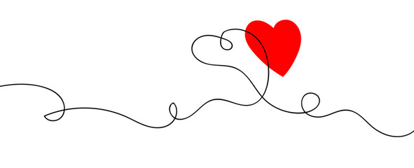 Continuous line drawing of heart couple and color shape. Single line Valentines background with heart. One line drawing of love sign with two hearts. Editable stroke. Doodle. vector illustration
