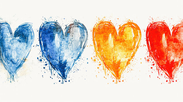 Four watercolor hearts in a row, painted in blue, green, yellow, and red, with a splattered, artistic texture.