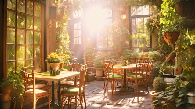 Tables and chairs in an outdoor cafe in Paris, France, An intimate Italian cafe, set in a cozy,garden, AI Generated