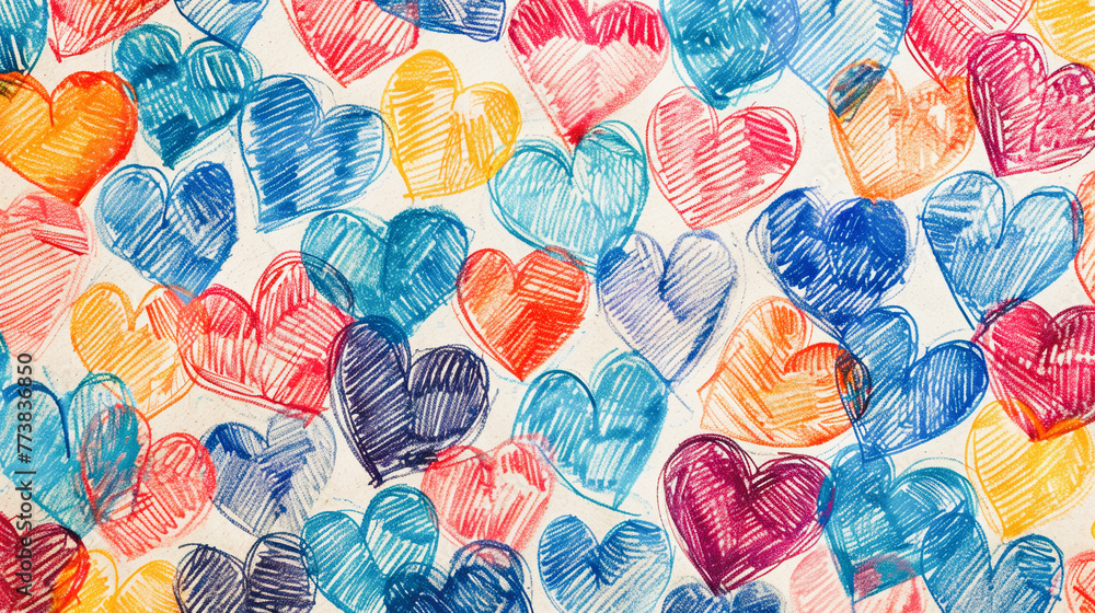 Poster an array of colorful hand-drawn hearts in red, blue, and orange creating a cheerful and artistic pat