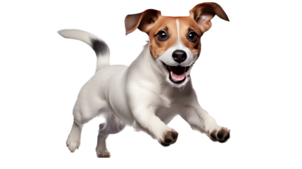 A small brown and white dog energetically scurries across a pristine white floor