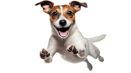 A vibrant brown and white dog joyfully jumps in the air