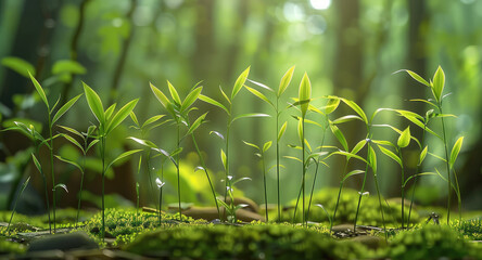 A group of green bamboo shoots sprouting from the ground, with moss and grass in front. Generative...