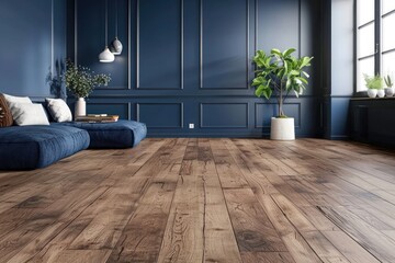 Modern living room with rich wood flooring and dark blue wall.