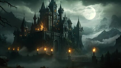 Halloween background with haunted castle and full moon. 3d rendering, An old, haunted gothic castle on a stormy night, AI Generated - Powered by Adobe