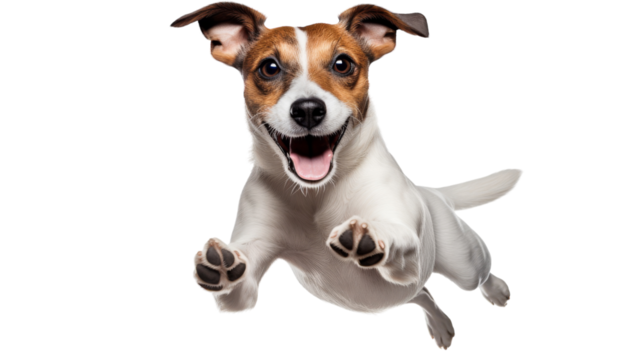 A vibrant brown and white dog joyfully jumps in the air