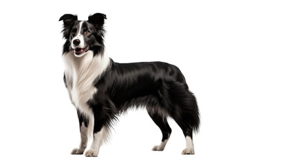 A striking black and white dog posing elegantly on a simple white background