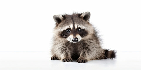 Obraz premium A small baby raccoon sits on a white background.
