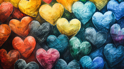 Colorful heart-shaped patterns arranged in rows, creating a vibrant mosaic of texture and hues. Artistic, emotive, and visually striking. - obrazy, fototapety, plakaty