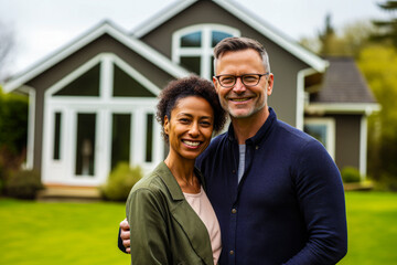 A happy, diverse couple standing in front of a beautiful house, portraying homeownership and joy