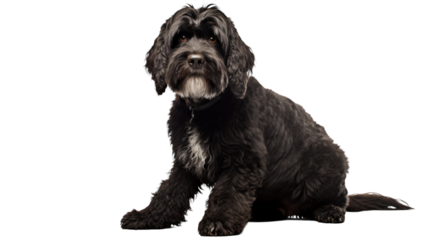 A black dog sitting down, gazing directly at the camera with a contemplative expression