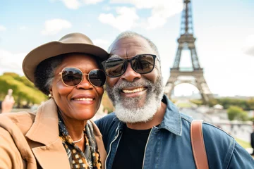 Gordijnen A cheerful couple takes a selfie with the Eiffel Tower in the background, suggestive of travel and joy © Tixel