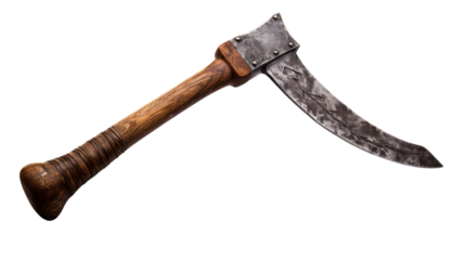 A large knife with a wooden handle resting on a pristine white background