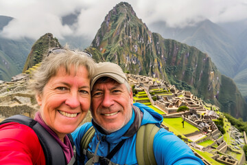 Naklejka premium Two tourists take a selfie at Machu Picchu, capturing the essence of travel and ancient civilizations