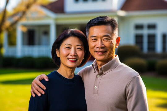 A smiling Asian couple is standing in front of a large house with a well-kept lawn during the daytime