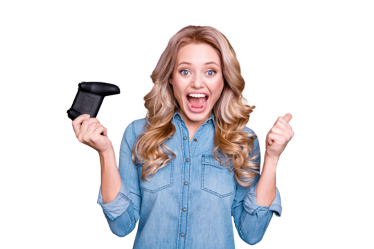 Close-up portrait of her she nice cute charming attractive cheerful wavy-haired lady wearing blue shirt fan playing game great luck opened mouth showing thumbup isolated over gray background
