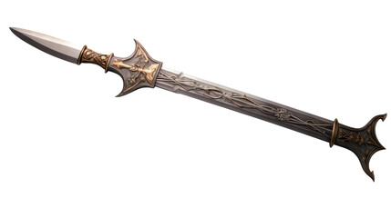 A gleaming sword rests upon a pristine white background