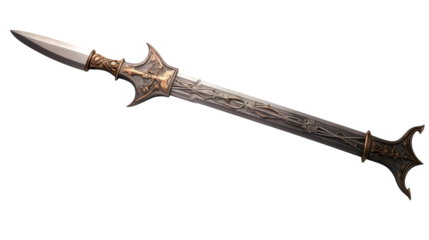A gleaming sword rests upon a pristine white background