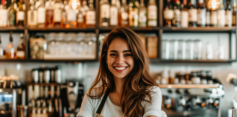 Attractive female bartender with a radiant smile standing in a well-stocked bar