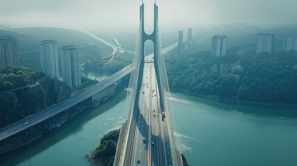 1 slim round tower cable-stayed bridge for Automobiles, Aerial view. Generative AI. - obrazy, fototapety, plakaty