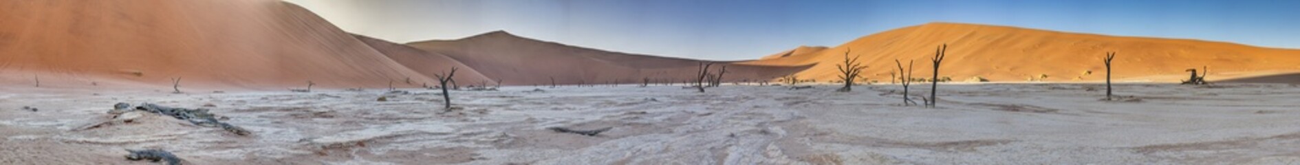Panoramic picture of the Deadvlei salt pan in the Namib Desert with dead trees in front of red sand...