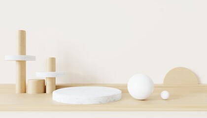 3d rendering of wooden podium abstract geometric minimal background. Scene for advertising, cosmetic, technology, showcase, food, banner, fashion, business, sport, game. Illustration. Product display