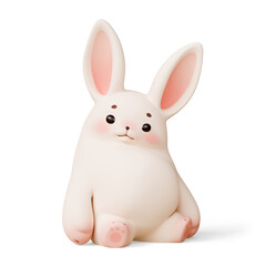 Simple fat cute funny kawaii fluffy cartoon white easter bunny with eyebrows, pink ears cheeks, soft paws in sitting playful pose. Lovely adorable pet in minimal style. 3d render isolated transparent