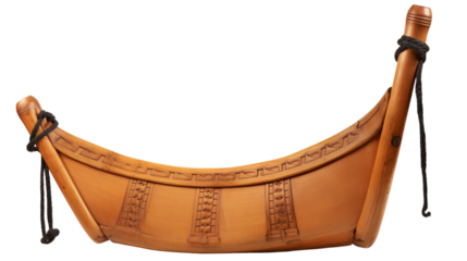 A unique boat crafted from supple leather and sturdy rope floats gracefully on the water