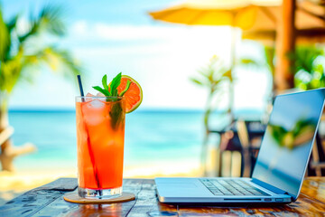 A refreshing tropical cocktail next to a laptop on a bamboo table symbolizes remote work and...