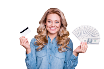 Portrait of her she nice cute charming attractive cheerful wavy-haired lady wearing blue shirt holding in hands plastic card large sum spending isolated over gray pastel background
