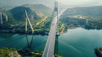 1 slim round tower cable-stayed bridge for Automobiles, Aerial view. Generative AI.